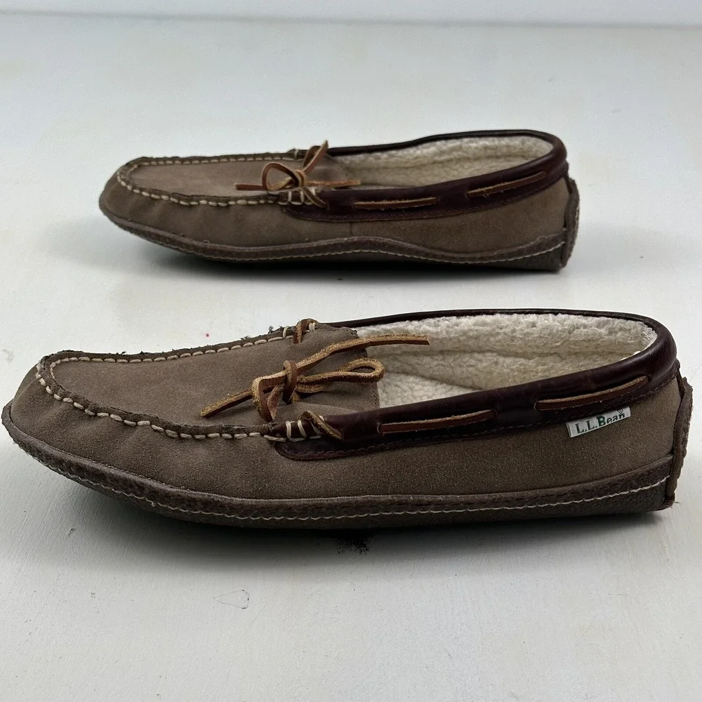 LL Bean‎  HandSewn Shearling Lined Slippers Mens 8Brown Roughout Suede Moccasins